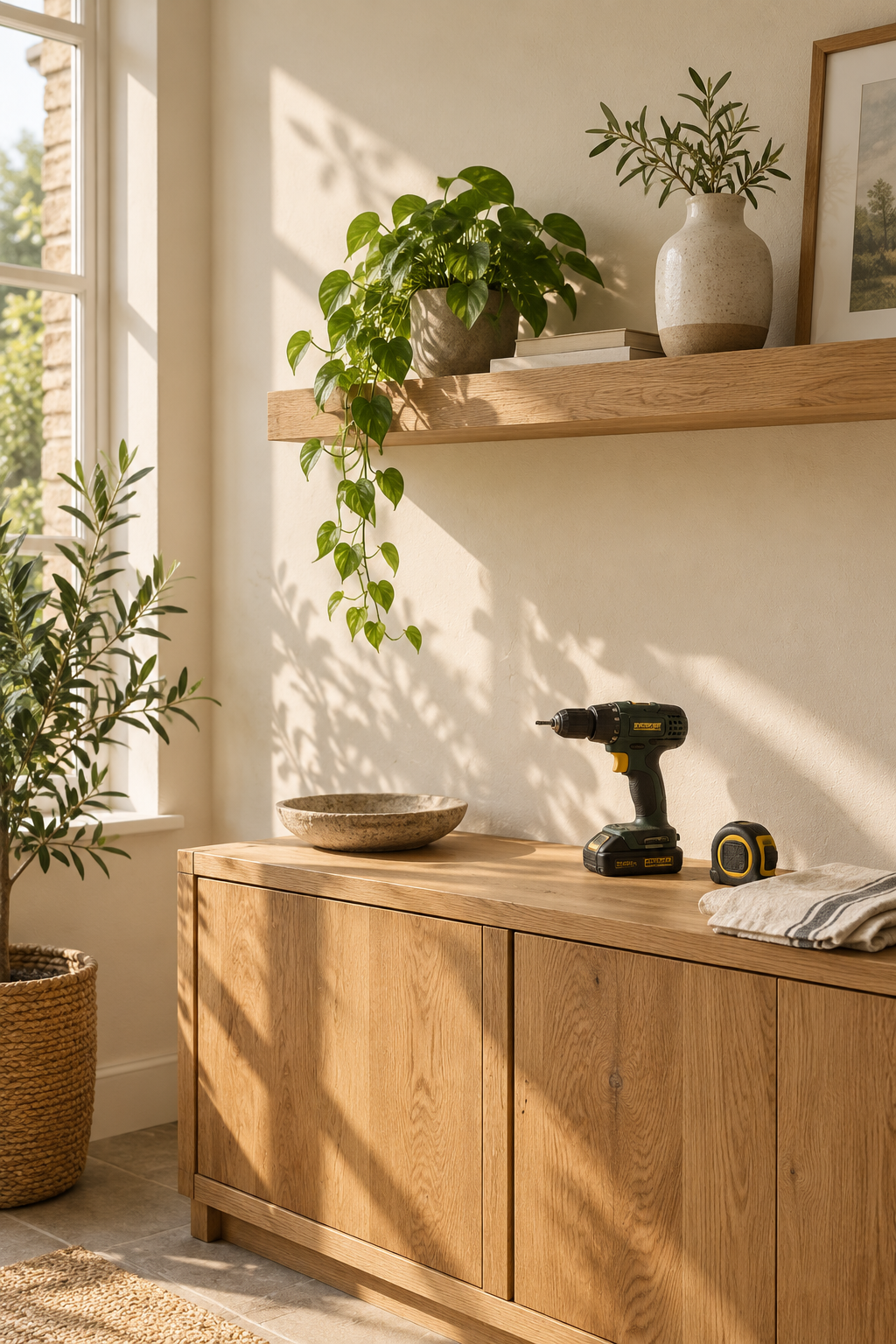 Sunlight falling across an oak shelf, a plant and tools in a warm home interior